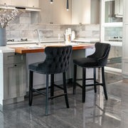 2x Velvet Upholstered Button Tufted Bar Stools with Wood Legs and Studs-Black V226-SW1824BK