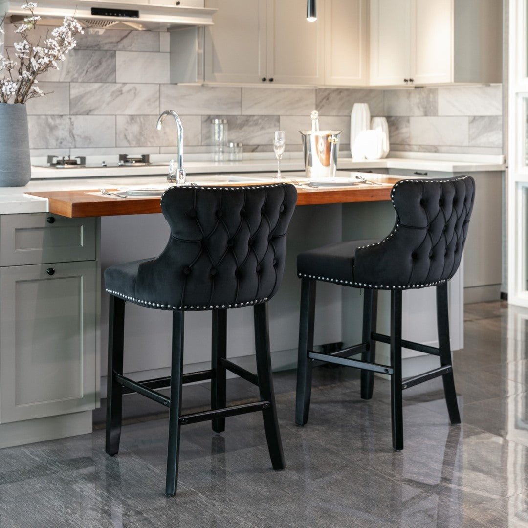 2x Velvet Upholstered Button Tufted Bar Stools with Wood Legs and Studs-Black V226-SW1824BK