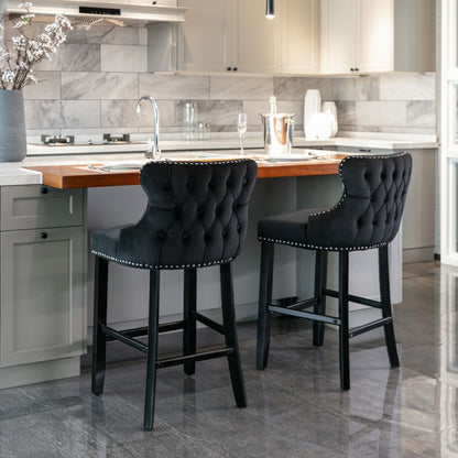 2x Velvet Upholstered Button Tufted Bar Stools with Wood Legs and Studs-Black V226-SW1824BK