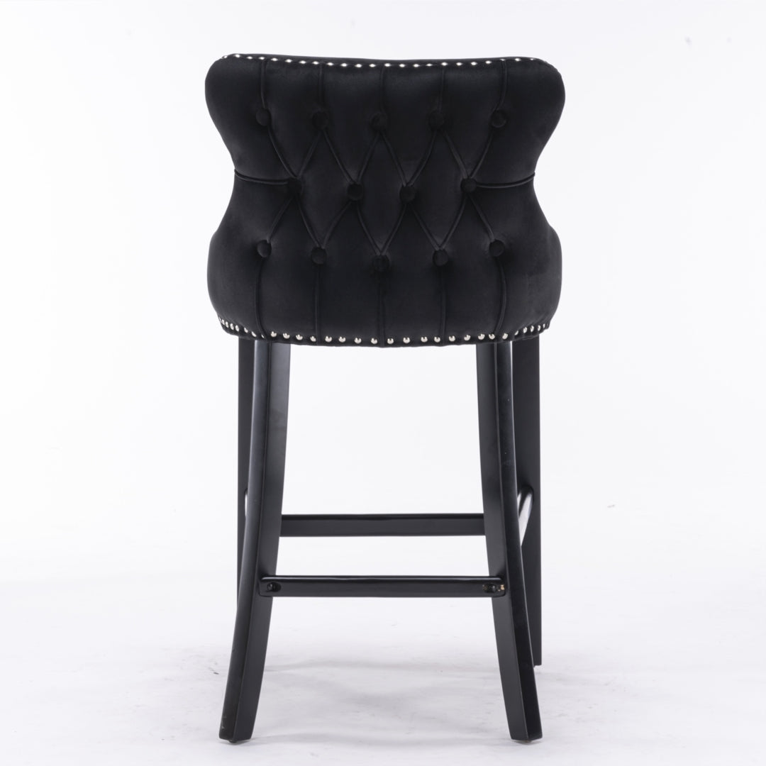 2x Velvet Upholstered Button Tufted Bar Stools with Wood Legs and Studs-Black V226-SW1824BK