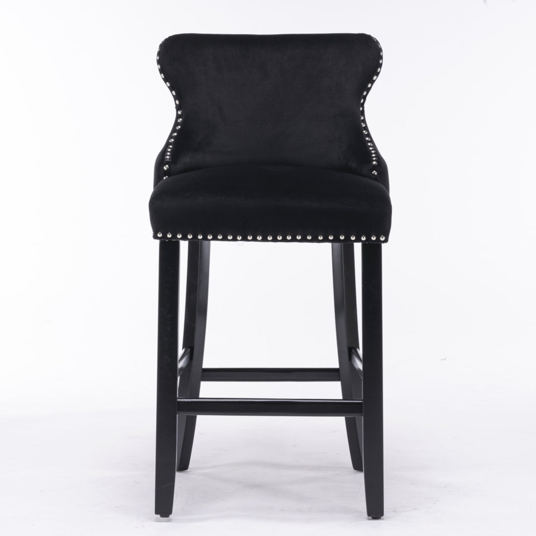 2x Velvet Upholstered Button Tufted Bar Stools with Wood Legs and Studs-Black V226-SW1824BK