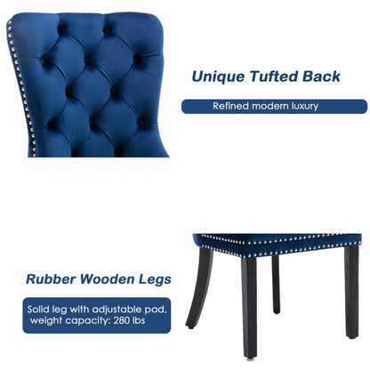 2x Velvet Dining Chairs Upholstered Tufted Kithcen Chair with Solid Wood Legs Stud Trim and Ring-Blue V226-SW1901BL