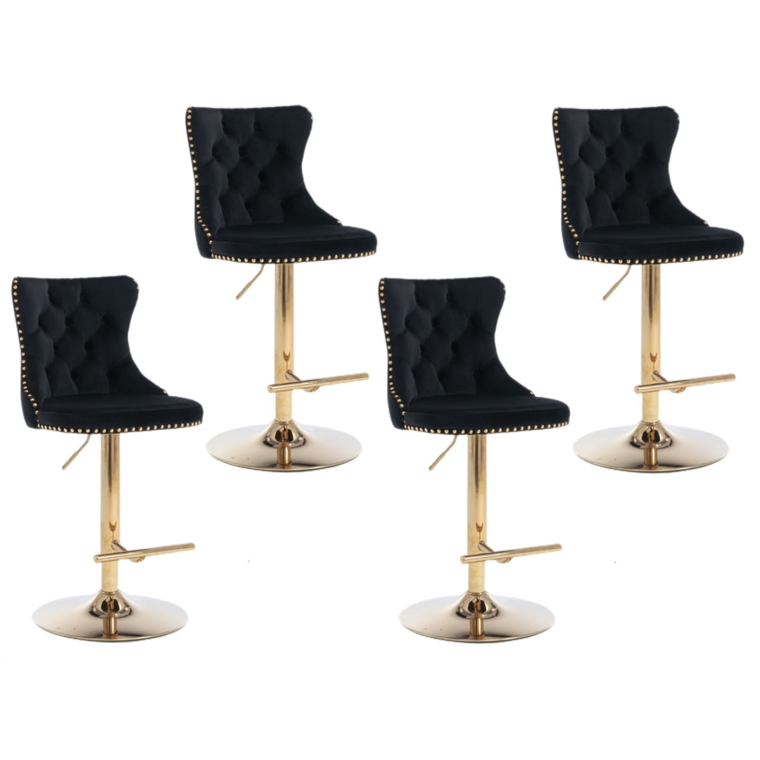 4x Height Adjustable Swivel Bar Stool Velvet Studs Barstool with Footrest and Golden Base- Black V226-SW1912BK-2