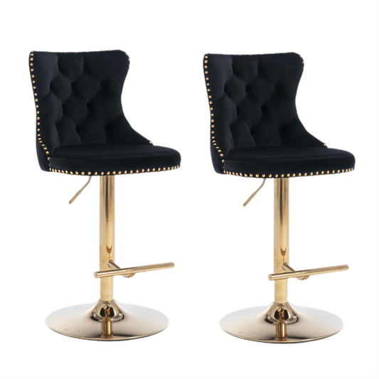 4x Height Adjustable Swivel Bar Stool Velvet Studs Barstool with Footrest and Golden Base- Black V226-SW1912BK-2