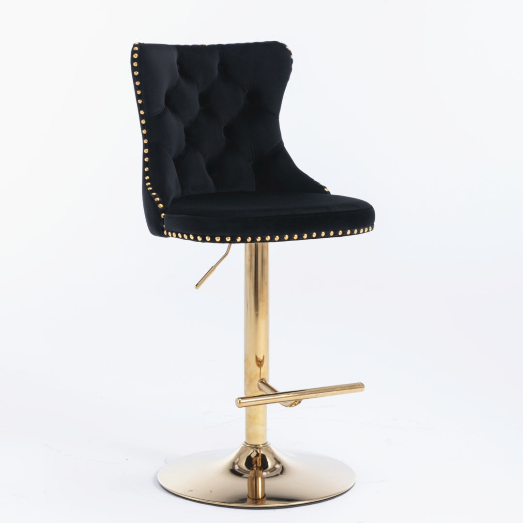 4x Height Adjustable Swivel Bar Stool Velvet Studs Barstool with Footrest and Golden Base- Black V226-SW1912BK-2