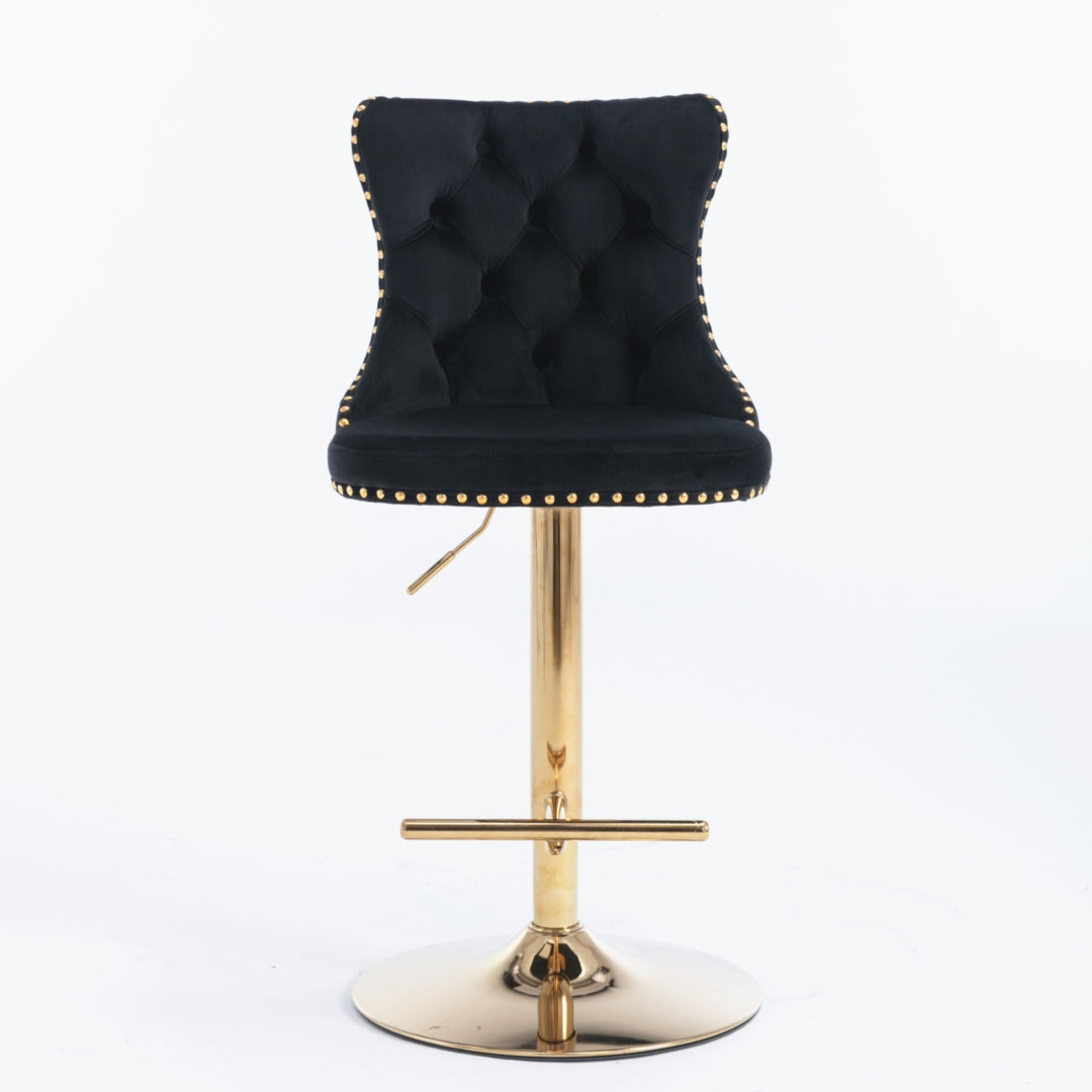 4x Height Adjustable Swivel Bar Stool Velvet Studs Barstool with Footrest and Golden Base- Black V226-SW1912BK-2