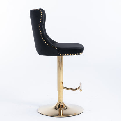 4x Height Adjustable Swivel Bar Stool Velvet Studs Barstool with Footrest and Golden Base- Black V226-SW1912BK-2