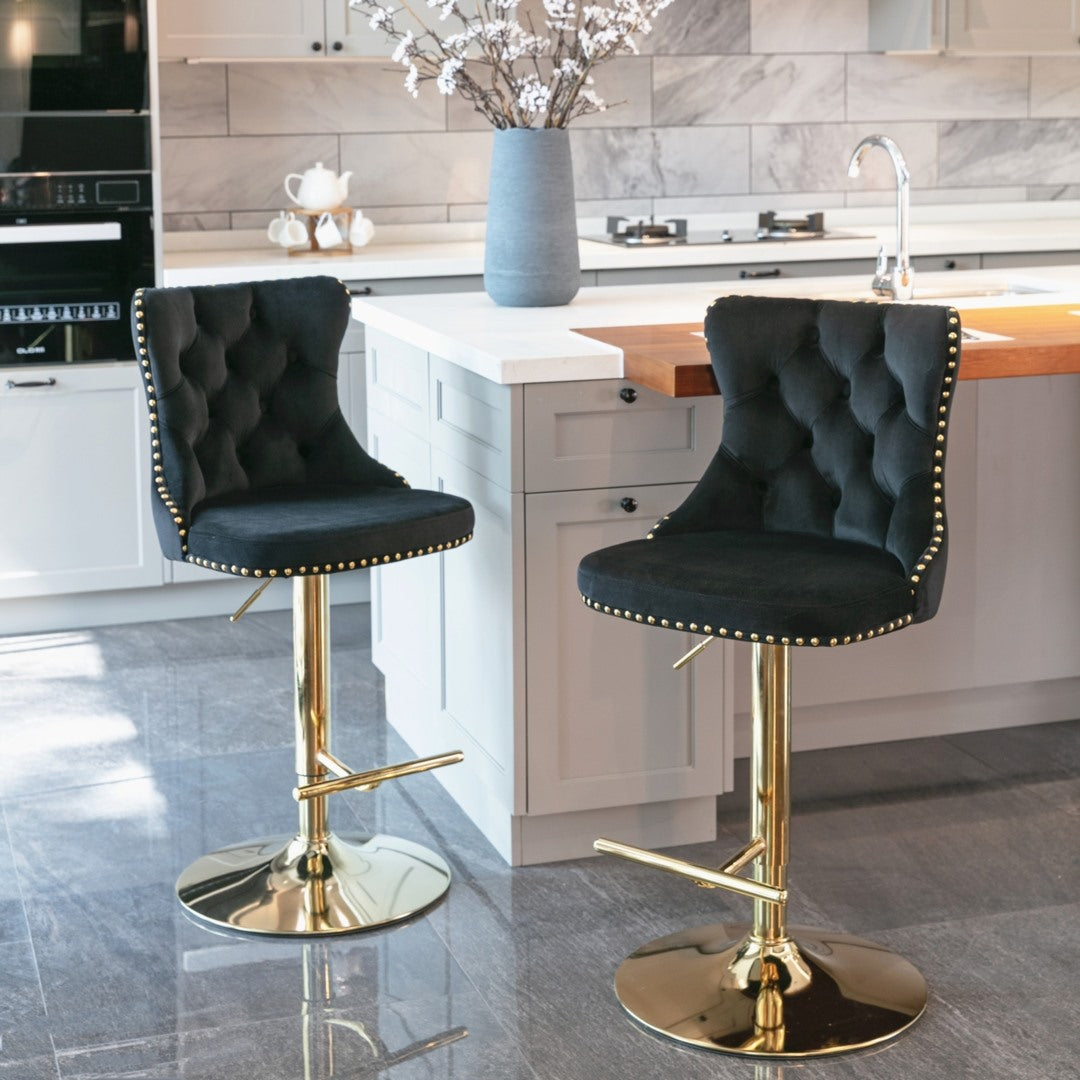 4x Height Adjustable Swivel Bar Stool Velvet Studs Barstool with Footrest and Golden Base- Black V226-SW1912BK-2