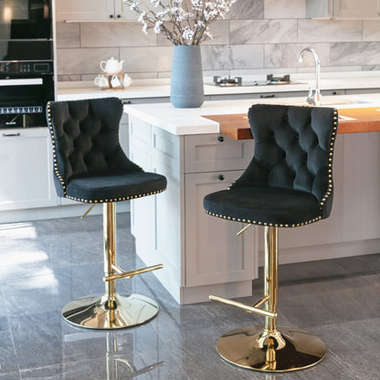 4x Height Adjustable Swivel Bar Stool Velvet Studs Barstool with Footrest and Golden Base- Black V226-SW1912BK-2
