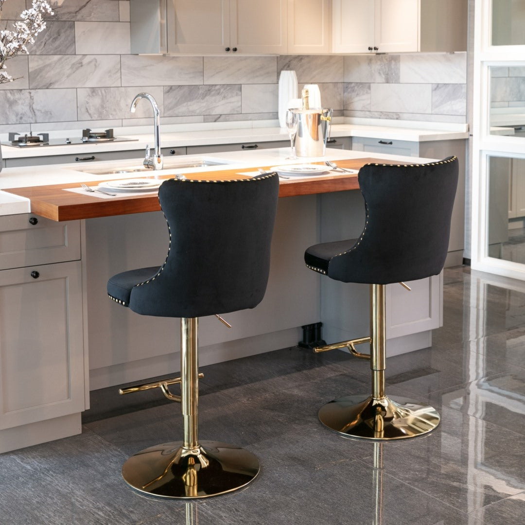 4x Height Adjustable Swivel Bar Stool Velvet Studs Barstool with Footrest and Golden Base- Black V226-SW1912BK-2