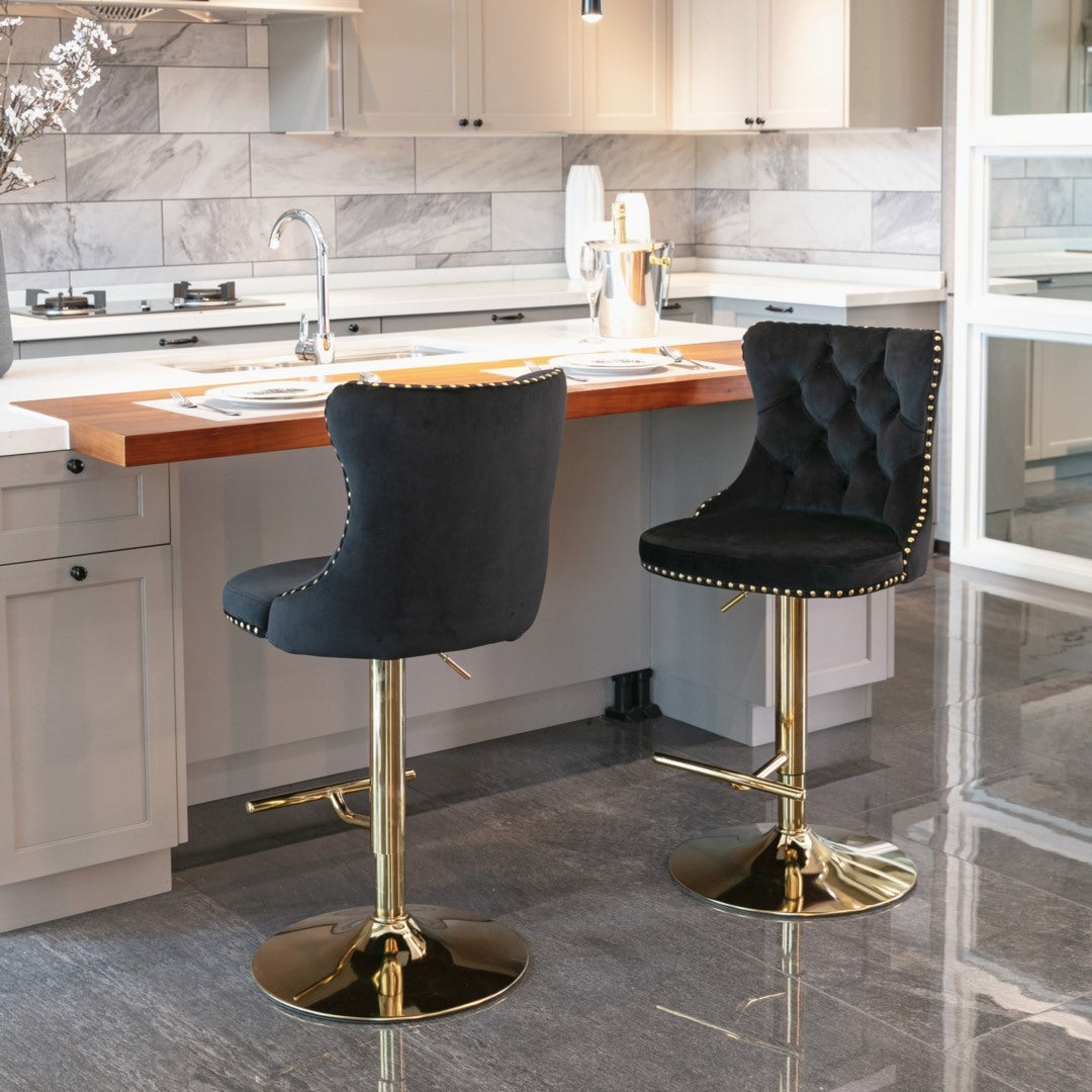4x Height Adjustable Swivel Bar Stool Velvet Studs Barstool with Footrest and Golden Base- Black V226-SW1912BK-2