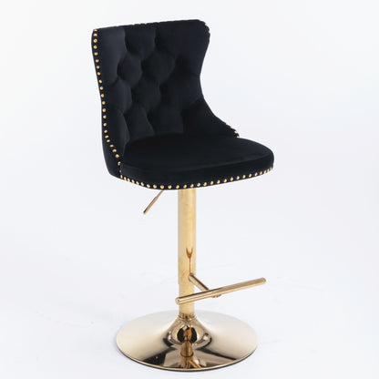 4x Height Adjustable Swivel Bar Stool Velvet Studs Barstool with Footrest and Golden Base- Black V226-SW1912BK-2
