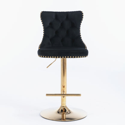 2x Height Adjustable Swivel Bar Stool Velvet Studs Barstool with Footrest and Golden Base- Black V226-SW1912BK