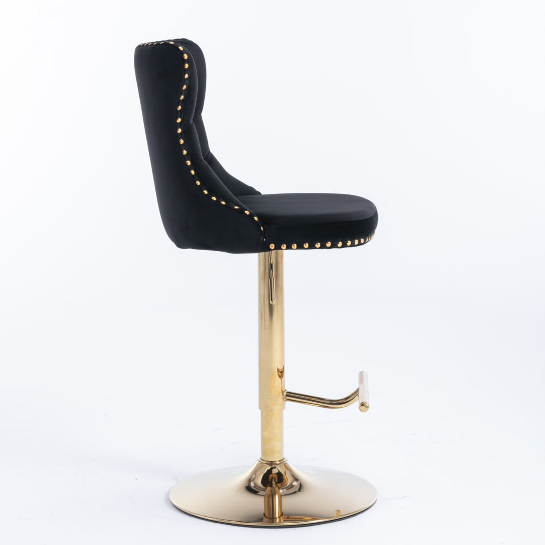 2x Height Adjustable Swivel Bar Stool Velvet Studs Barstool with Footrest and Golden Base- Black V226-SW1912BK