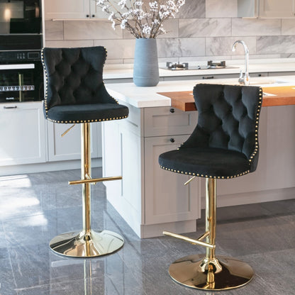 2x Height Adjustable Swivel Bar Stool Velvet Studs Barstool with Footrest and Golden Base- Black V226-SW1912BK