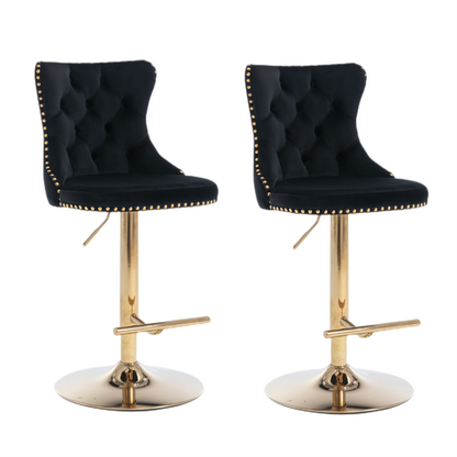 2x Height Adjustable Swivel Bar Stool Velvet Studs Barstool with Footrest and Golden Base- Black V226-SW1912BK