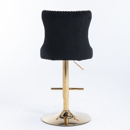2x Height Adjustable Swivel Bar Stool Velvet Studs Barstool with Footrest and Golden Base- Black V226-SW1912BK