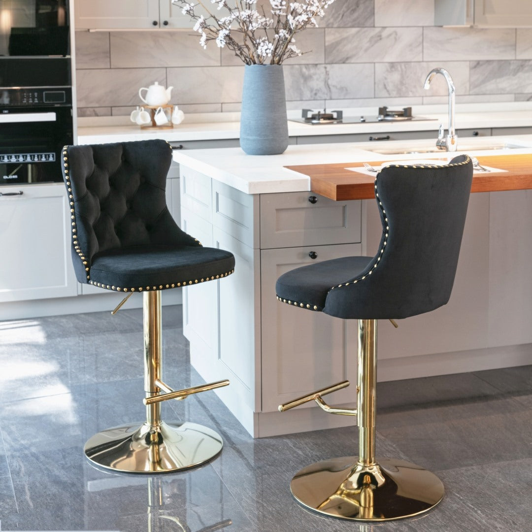 2x Height Adjustable Swivel Bar Stool Velvet Studs Barstool with Footrest and Golden Base- Black V226-SW1912BK