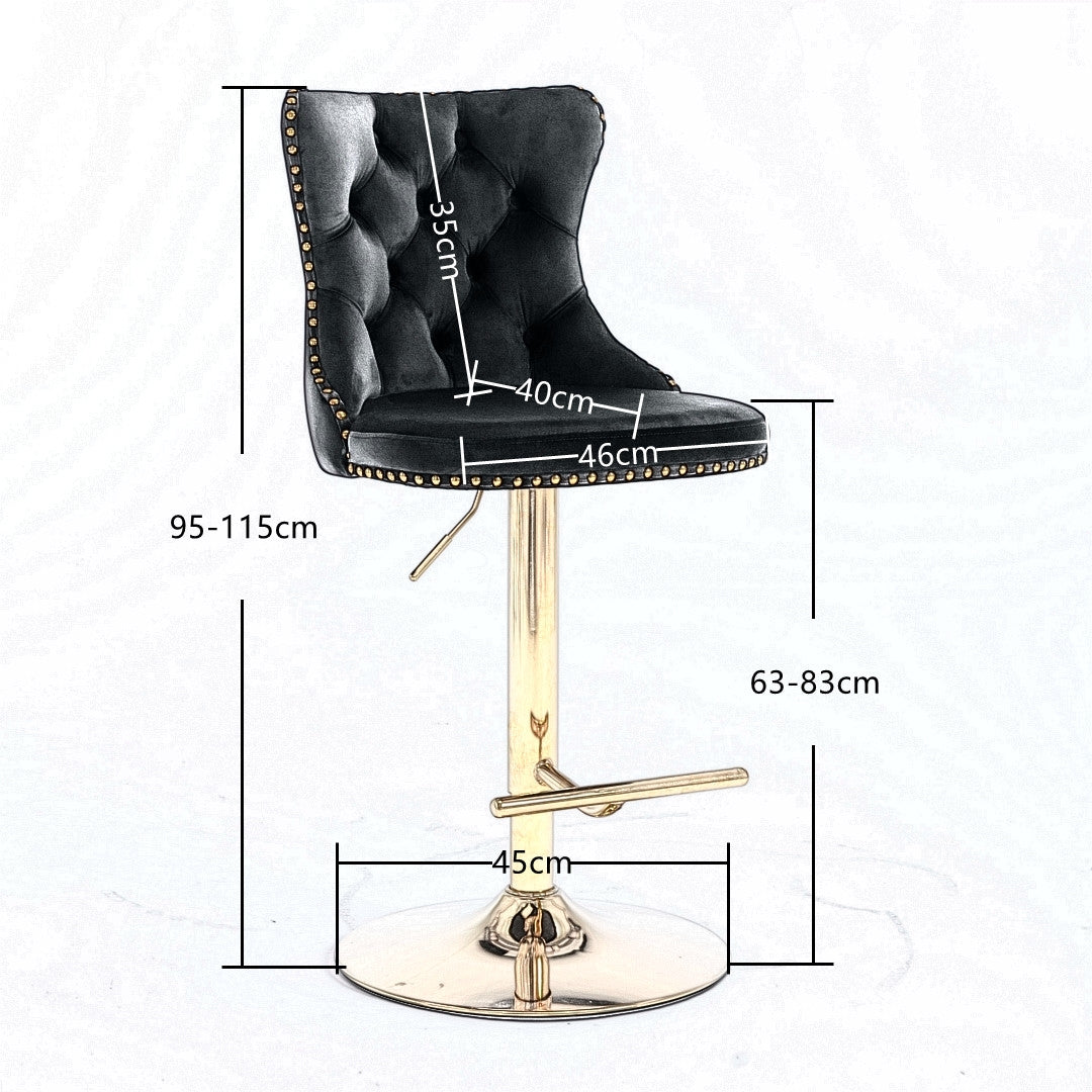 2x Height Adjustable Swivel Bar Stool Velvet Studs Barstool with Footrest and Golden Base- Black V226-SW1912BK