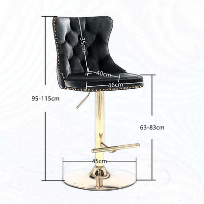2x Height Adjustable Swivel Bar Stool Velvet Studs Barstool with Footrest and Golden Base- Black V226-SW1912BK