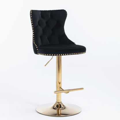 2x Height Adjustable Swivel Bar Stool Velvet Studs Barstool with Footrest and Golden Base- Black V226-SW1912BK