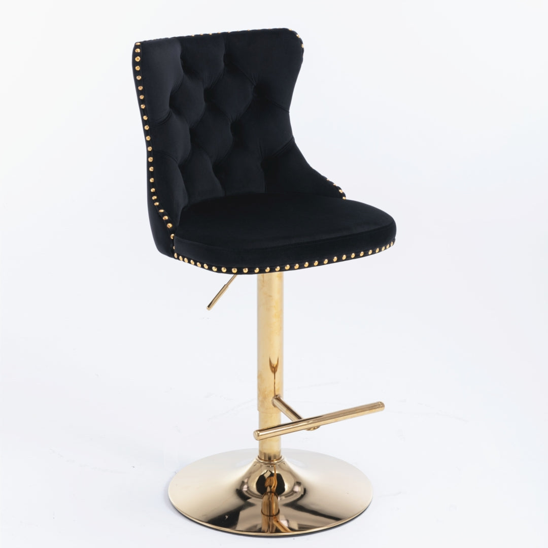2x Height Adjustable Swivel Bar Stool Velvet Studs Barstool with Footrest and Golden Base- Black V226-SW1912BK