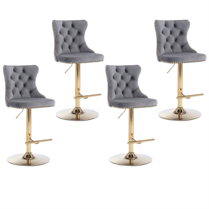 4x Height Adjustable Swivel Bar Stool Velvet Studs Barstool with Footrest and Golden Base- Grey V226-SW1912GY-2