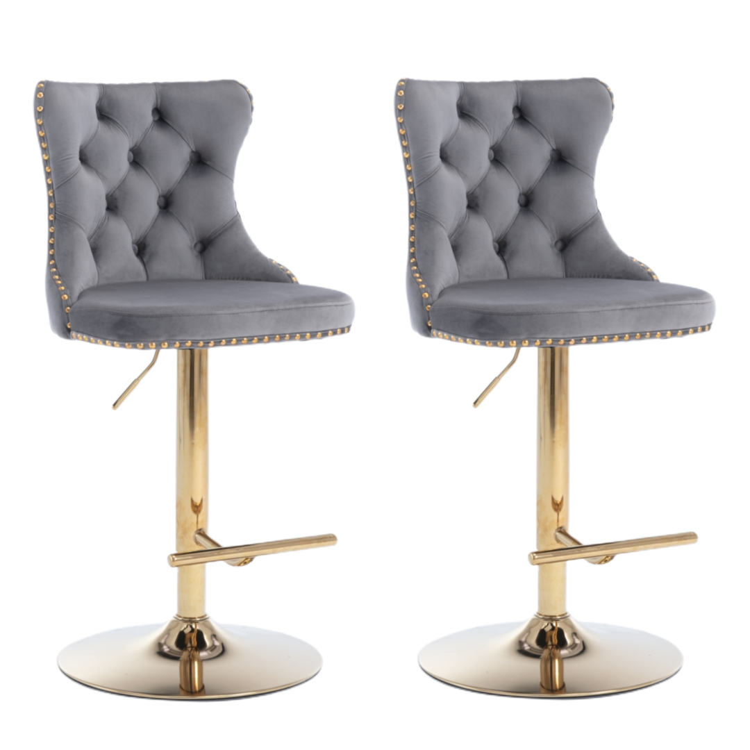 4x Height Adjustable Swivel Bar Stool Velvet Studs Barstool with Footrest and Golden Base- Grey V226-SW1912GY-2