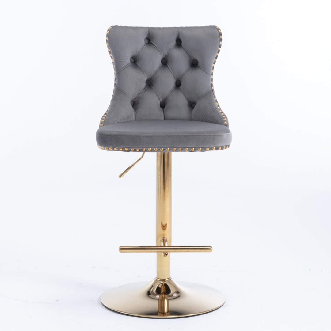 4x Height Adjustable Swivel Bar Stool Velvet Studs Barstool with Footrest and Golden Base- Grey V226-SW1912GY-2