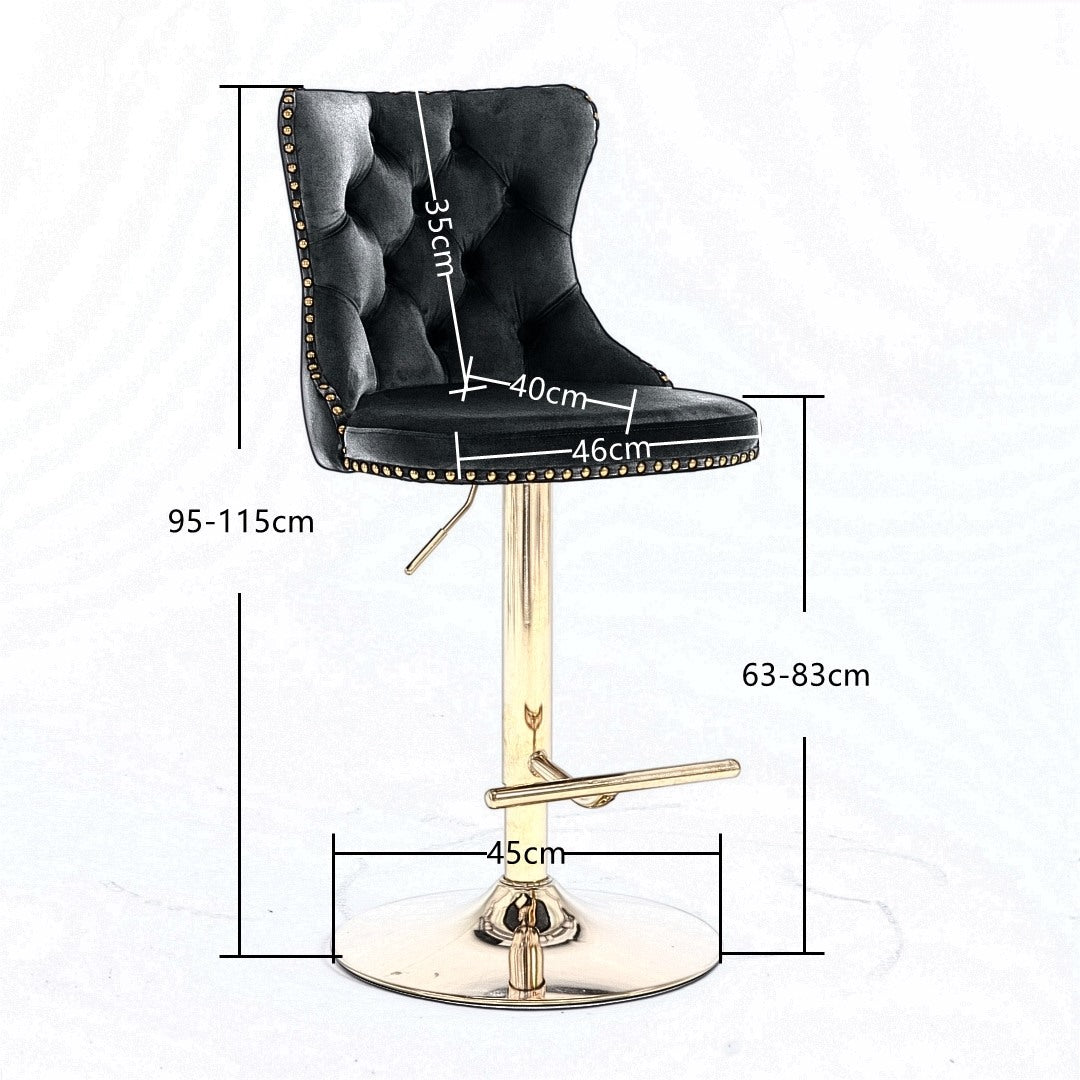 4x Height Adjustable Swivel Bar Stool Velvet Studs Barstool with Footrest and Golden Base- Grey V226-SW1912GY-2