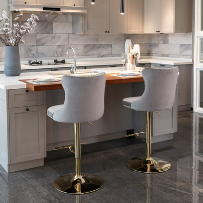 4x Height Adjustable Swivel Bar Stool Velvet Studs Barstool with Footrest and Golden Base- Grey V226-SW1912GY-2