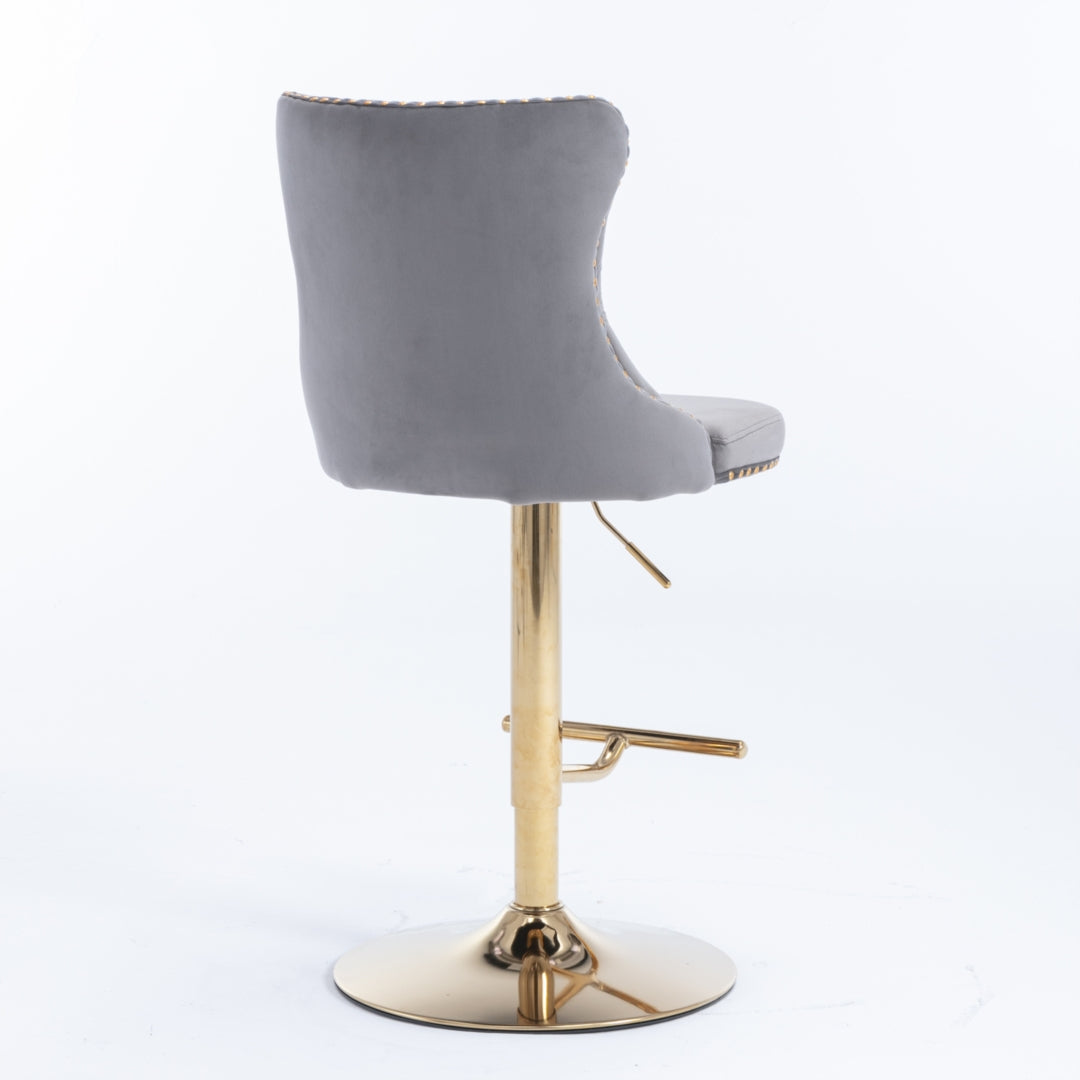 4x Height Adjustable Swivel Bar Stool Velvet Studs Barstool with Footrest and Golden Base- Grey V226-SW1912GY-2