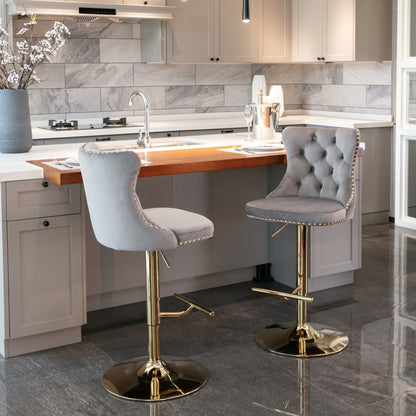 4x Height Adjustable Swivel Bar Stool Velvet Studs Barstool with Footrest and Golden Base- Grey V226-SW1912GY-2