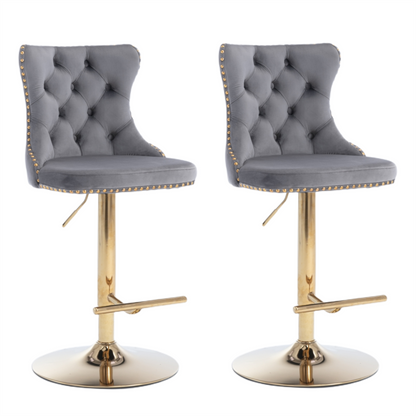 2x Height Adjustable Swivel Bar Stool Velvet Studs Barstool with Footrest and Golden Base- Grey V226-SW1912GY