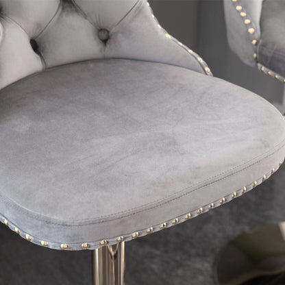 2x Height Adjustable Swivel Bar Stool Velvet Studs Barstool with Footrest and Golden Base- Grey V226-SW1912GY