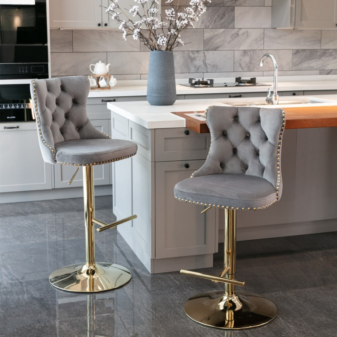 2x Height Adjustable Swivel Bar Stool Velvet Studs Barstool with Footrest and Golden Base- Grey V226-SW1912GY
