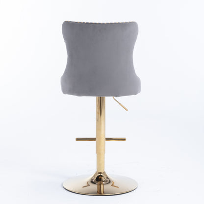 2x Height Adjustable Swivel Bar Stool Velvet Studs Barstool with Footrest and Golden Base- Grey V226-SW1912GY