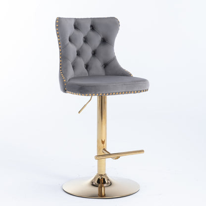 2x Height Adjustable Swivel Bar Stool Velvet Studs Barstool with Footrest and Golden Base- Grey V226-SW1912GY