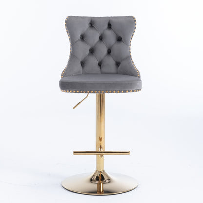 2x Height Adjustable Swivel Bar Stool Velvet Studs Barstool with Footrest and Golden Base- Grey V226-SW1912GY
