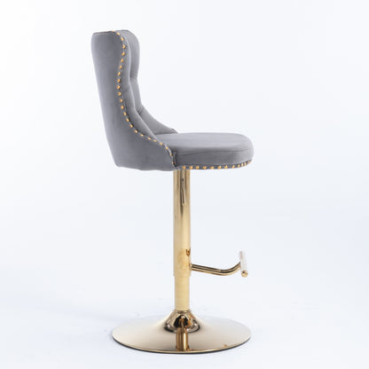 2x Height Adjustable Swivel Bar Stool Velvet Studs Barstool with Footrest and Golden Base- Grey V226-SW1912GY
