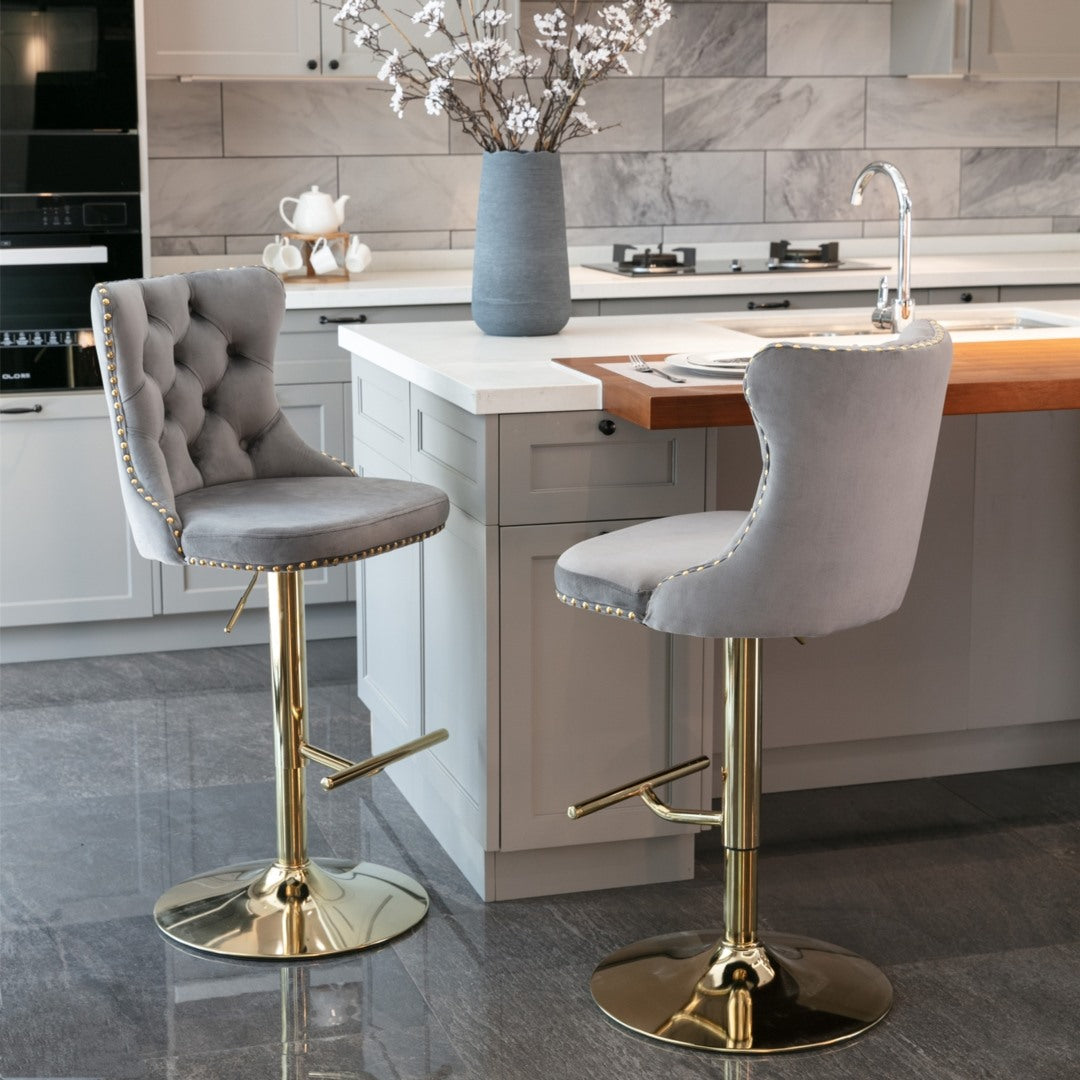 2x Height Adjustable Swivel Bar Stool Velvet Studs Barstool with Footrest and Golden Base- Grey V226-SW1912GY