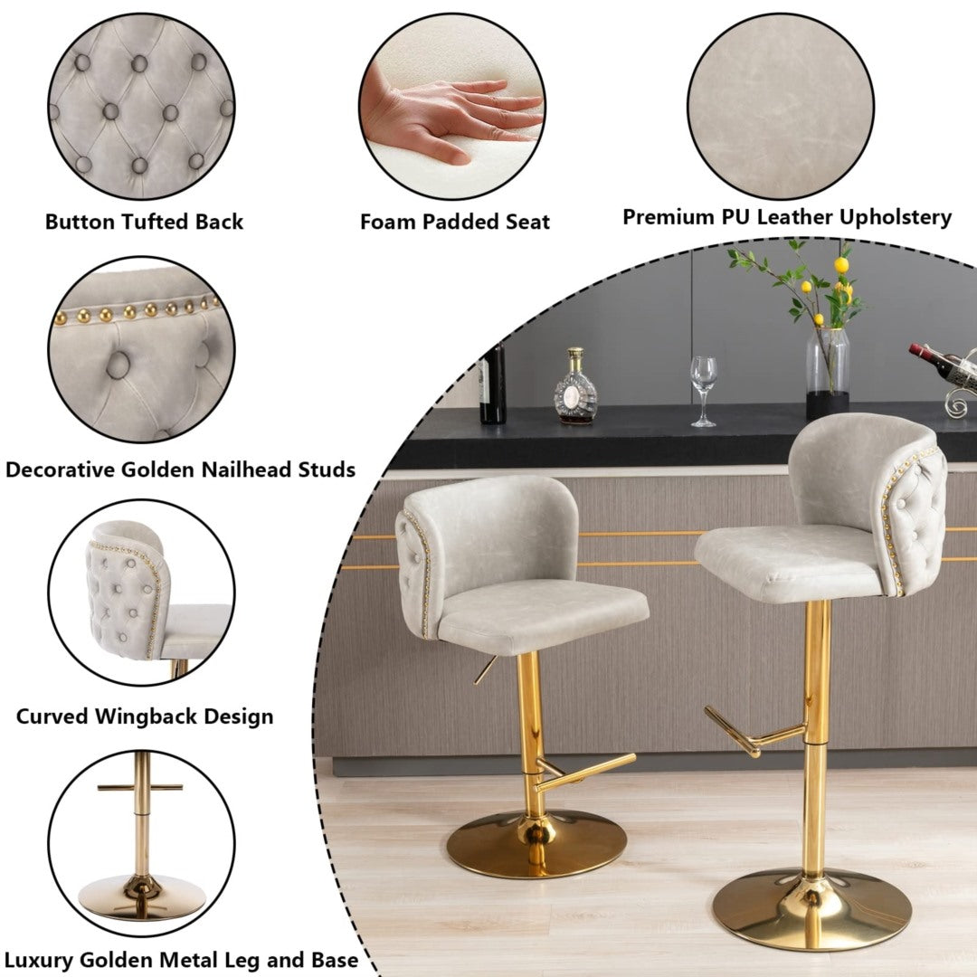 2x Faux Leather Golden Base Swivel Bar Stools- Beige V226-SW1928BG
