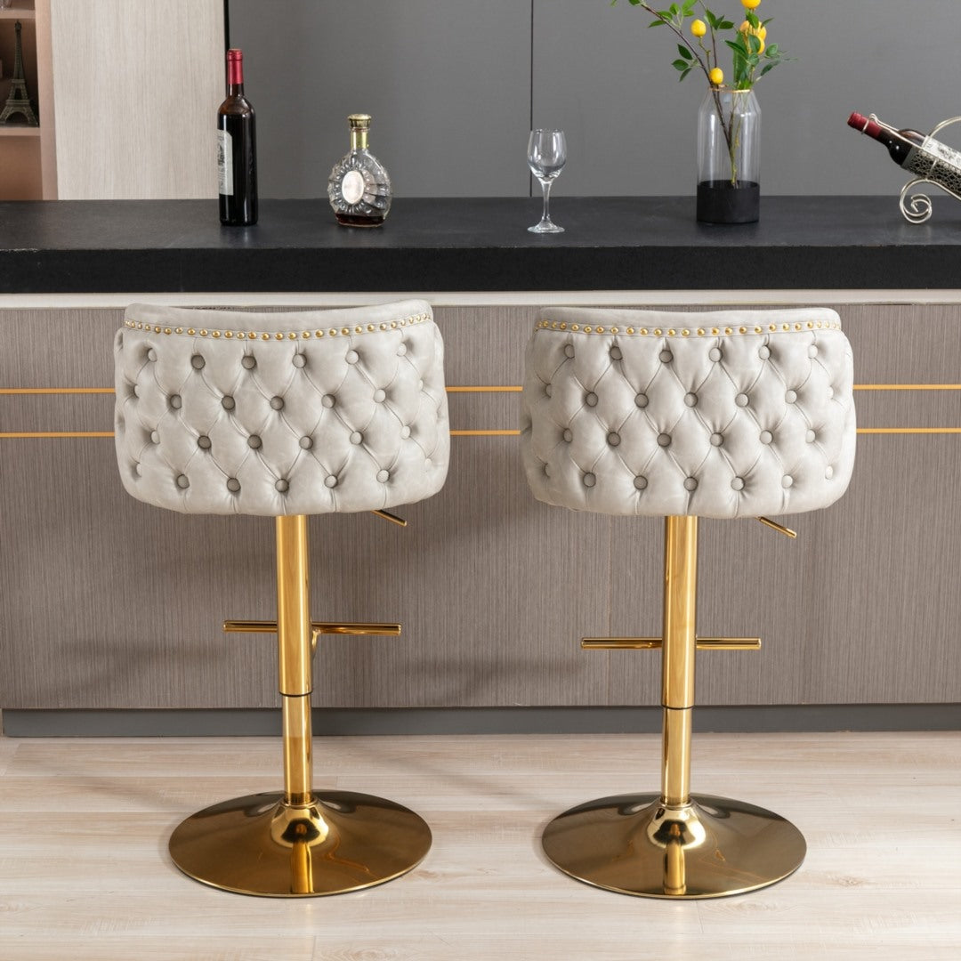 2x Faux Leather Golden Base Swivel Bar Stools- Beige V226-SW1928BG
