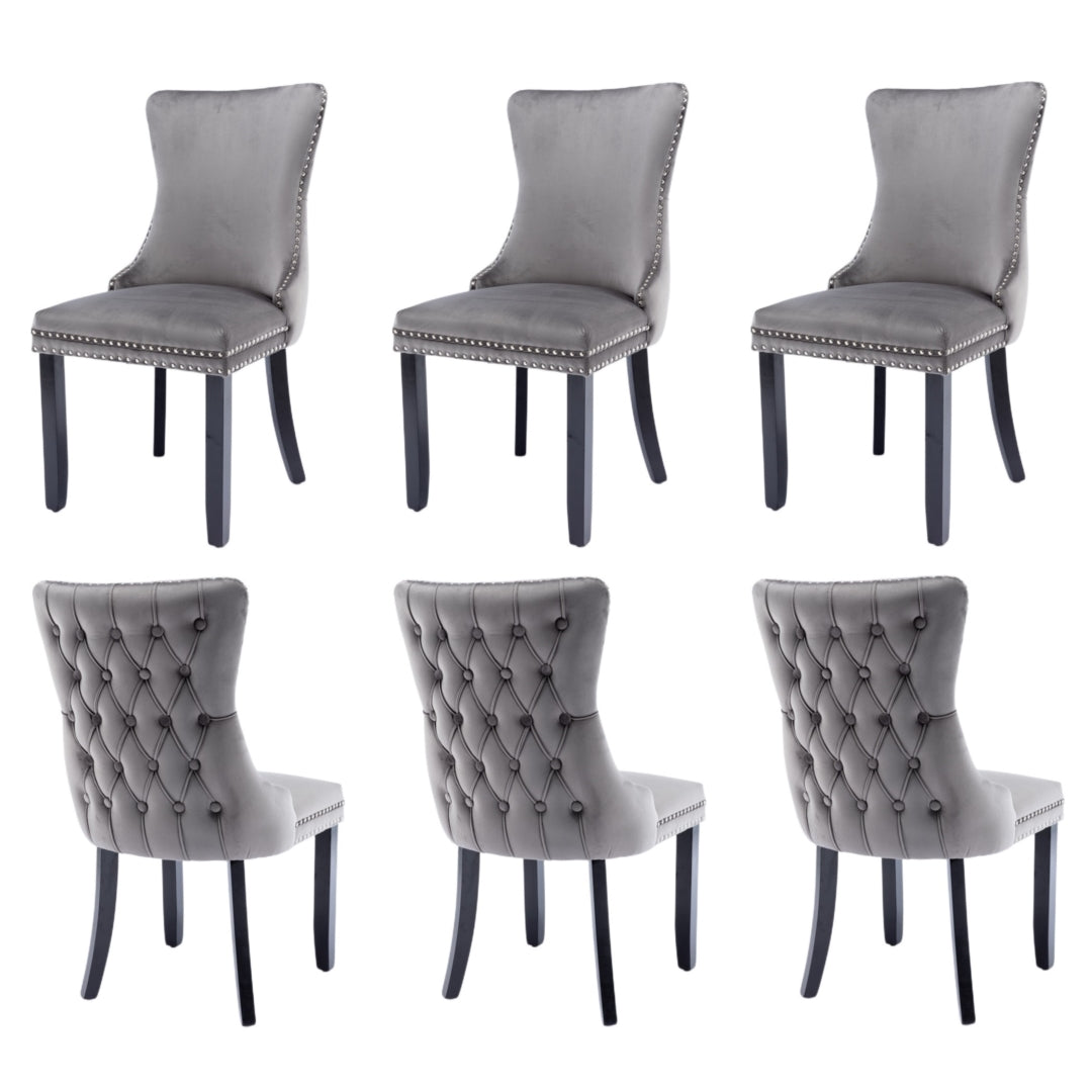 6x Velvet Upholstered Dining Chairs Tufted Wingback Side Chair with Studs Trim Solid Wood Legs for Kitchen V226-SW8809GY-3