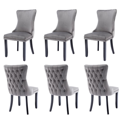 6x Velvet Upholstered Dining Chairs Tufted Wingback Side Chair with Studs Trim Solid Wood Legs for Kitchen V226-SW8809GY-3