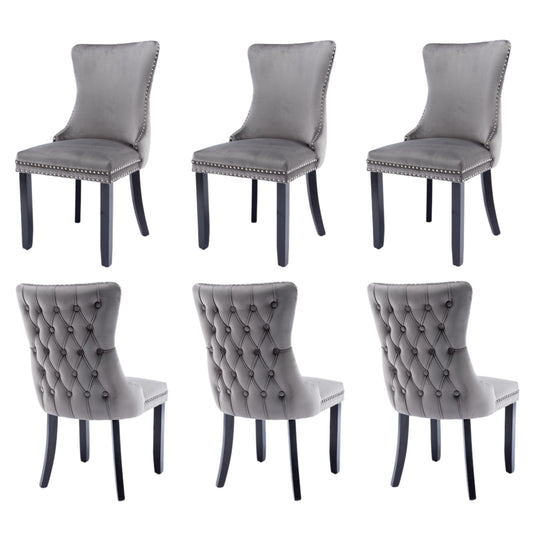 6x Velvet Upholstered Dining Chairs Tufted Wingback Side Chair with Studs Trim Solid Wood Legs for Kitchen V226-SW8809GY-3