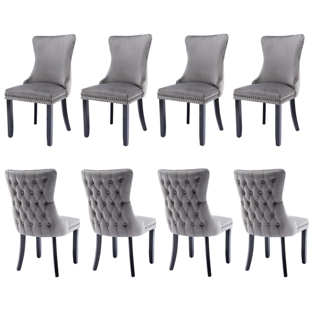 8x Velvet Upholstered Dining Chairs Tufted Wingback Side Chair with Studs Trim Solid Wood Legs for Kitchen V226-SW8809GY-4