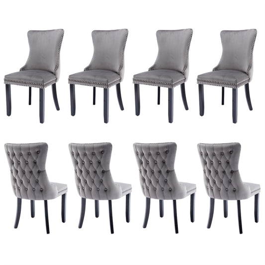 8x Velvet Upholstered Dining Chairs Tufted Wingback Side Chair with Studs Trim Solid Wood Legs for Kitchen V226-SW8809GY-4