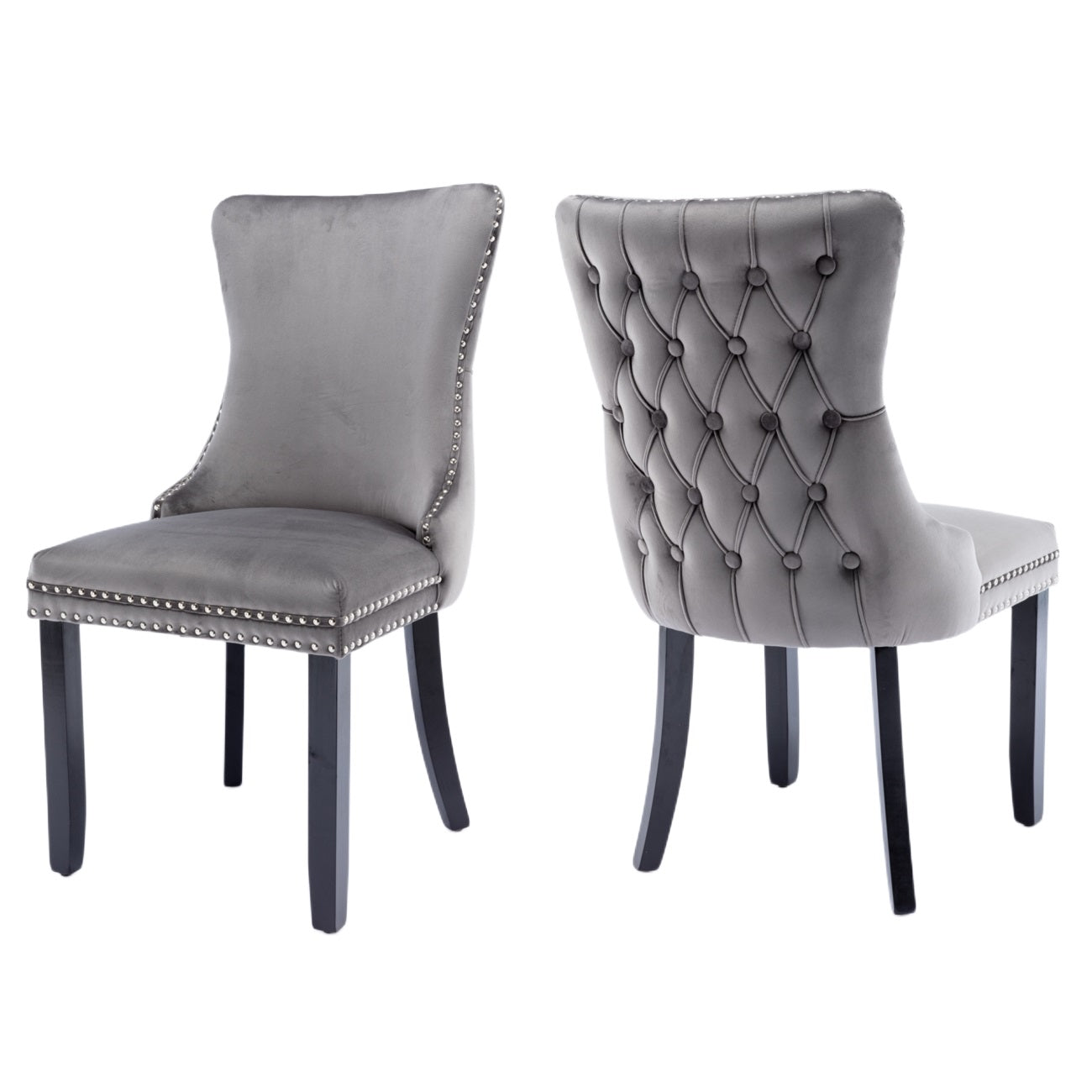 2x Velvet Upholstered Dining Chairs Tufted Wingback Side Chair with Studs Trim Solid Wood Legs for Kitchen V226-SW8809GY