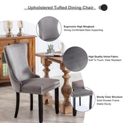 2x Velvet Upholstered Dining Chairs Tufted Wingback Side Chair with Studs Trim Solid Wood Legs for Kitchen V226-SW8809GY